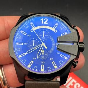 Diesel DZ4401 Mega Chief Men’s Chrono Blue Yellow Dial Brown Leather Watch NIBWT